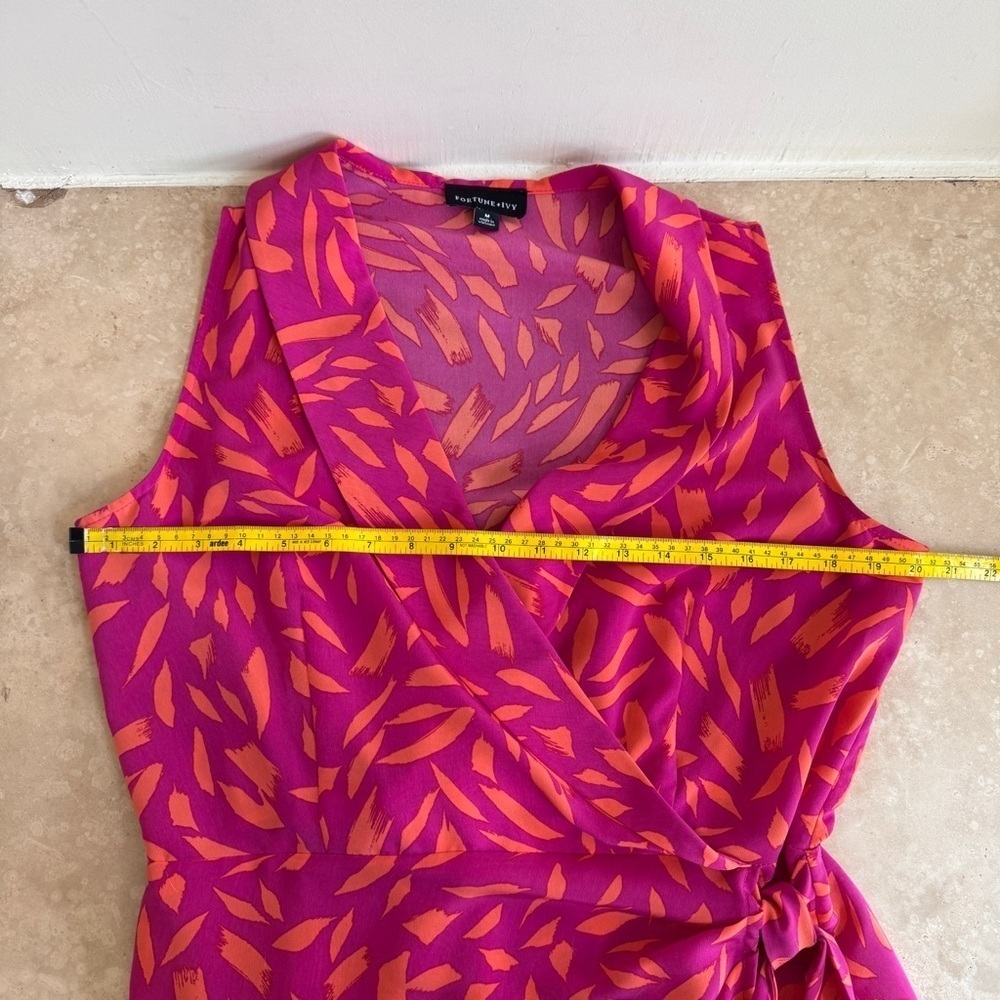 Fortune + Ivy Bright Pink Orange Sleeveless Faux Wrap Women Size M Knee Length - Picture 8 of 14